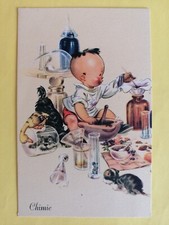 Old postcard FANTASY HUMOR small chemist dog cat mouse goose test tubes mortar