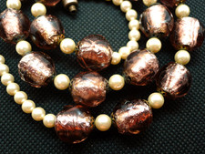 Collier Perles Verre Murano Feuille Argent Ancien Antique Venetian Glass Bead