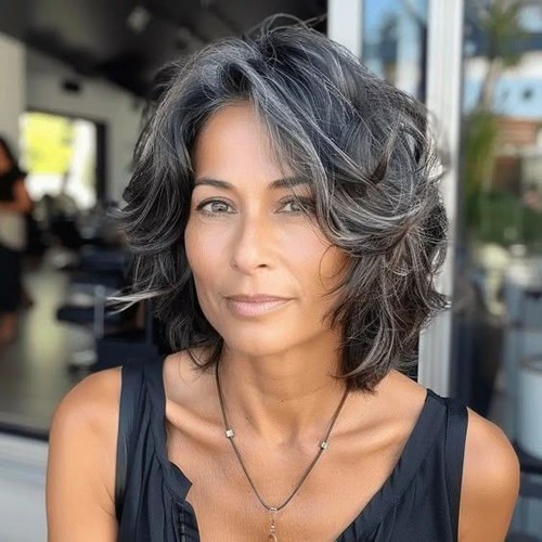 Short wavy black gray wigs - wavy,
