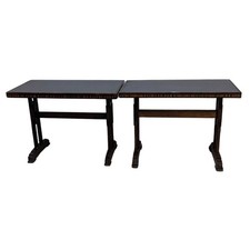 Paire de tables de bistrot  art dèco 1930 en marqueterie et opaline noire