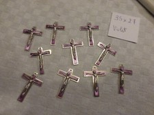 Lot of 10 antique metal cross + color mother-of-pearl PURPLE fab France 1960