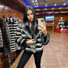 Women Fashion New Real Rex Rabbit Fur Short Coat Chinchilla Notched Lapel Jacket