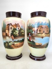 Paire de grands vases anciens en opaline XIXe scènes champêtres 30cm