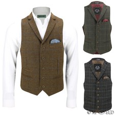 Hommes Mélange Laine Tweed Chevron Carreaux Col Vintage Gilet Coupe Ajustée