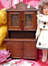 SMALL ANTIQUE WOODEN SIDEBOARD decorated with pyrographic birds circa 1920, ANTIQUE DOLL