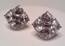 Rare Signed MONET Jewelry Crystal Clip Earrings Rhodium Plated Swarovski Crystal