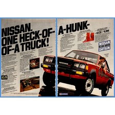 1980s Nissan 4x4 Truck Ad Vtg Magazine Print 2 Pg King Cab Heck of a Hunk USA 83