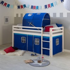Lit mi-hauteur enfant 90×200 cm pin blanc avec rideau bleu + tunnel Homestyle4u