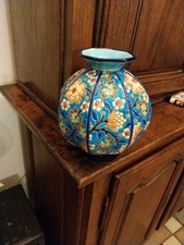 Imposant Vase Emaux De Longwy Octogonal Boule  20 Cm