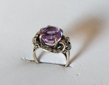 ANTIQUE SOLID SILVER 24 DIAMOND AMETHYST RING Size 49