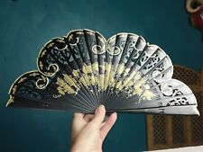 Eventail ancien en bois noir et doré Peint à la main