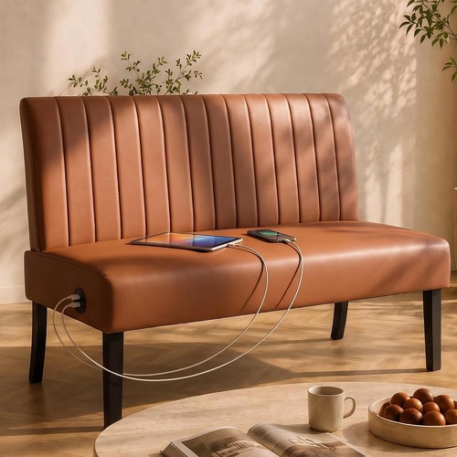 Brown leather armless loveseat - leather,