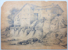 Moulin à eau Dessin du 19e siècle torrent cascade