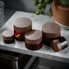 Pot Cosmétique en Verre Ambré avec Couvercle en Bois – Contenant Rechargeable 