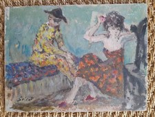 François Salvat Original Painting 1940s Signed Harlequin Circus Scene
