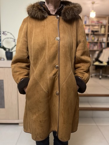 Manteau peau lainée capuche - peau,