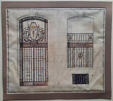 2 studies grids wrought iron window door pencil gouache drawing c. 1900