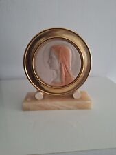 Religious Art Deco Plaque Carved Virgin Mary. Signed, Gold Frame Marble Base