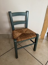 Ancienne Petite Chaise Enfant en Bois Vert et Paille Vintage