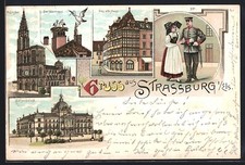 Strasbourg Lithograph, Collage of the Cathedral, the Old Market and the Palace 