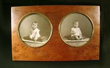 Ancien cadre photo double à poser d'époque Art Déco ronce de noyer acajou laiton