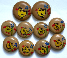 Lot of 10 Vintage Buttons 18-21mm - Painted Wood Decor Chickens Chicks 1940s