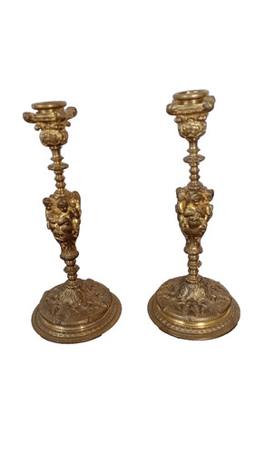 Paire bougeoirs bronze dore - bougeoirs,