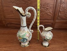 Pair VTG H. Bequet Quaregnon Hand Painted Porcelain Pitchers From Belgium