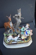 Antique belgian saint Hubert vision buck  dog hunt bisque porcelain statue