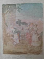 old French school painting gallant scene 19th century miniature silk