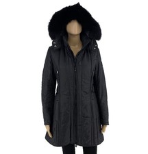 Manteau Parka Matelassé À Capuche En Fourrure Réelle Noir Pour Femmes Taille S/M
