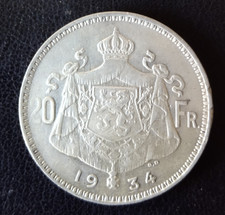 piece 20 Francs, 20 Frank  Belgique 1934, Argent TTB