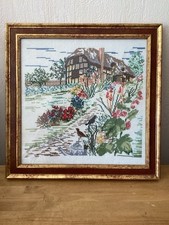 Cadre Doré Vieilli Broderie Point De  X Main Maison À Colombages Jardin Vintage 