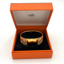 Auth Hermes Enamel Location GD Rabbit Print Brown Bangle W/Box BA100141
