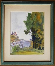 tableau aquarelle : paysage de rivière