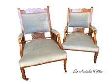Paire de fauteuils anciens de style anglais « lui et elle » en bois incrusté ...