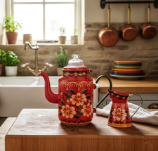 Antique Belgian coffee set percolator, hand painted red, folk art style