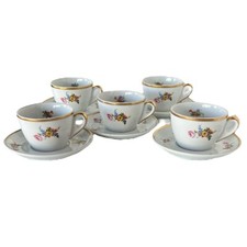 Porcelain de Baudour Floral Flat Cut and Saucer Gold Trim Cerabel Belgium 5 Sets