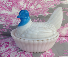 Portieux Vallerysthal CHICKEN white candy jar blue head 13cm long 11cm wide