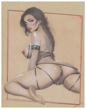 Unique drawing woman succubus sexy blonde demon horn topless black lingerie