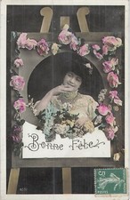 CP EASEL HAPPY PARTY PAINTING WOMAN SENDS KISS ROSES FLOWERS - 8522