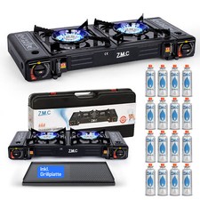 Réchaud À Gaz Camping 2 Brûleurs Plaque De Grill +16x Cartouche De Gaz