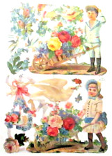 * CHROMO * ENFANTS AVEC BROUETTES FLEURIES *