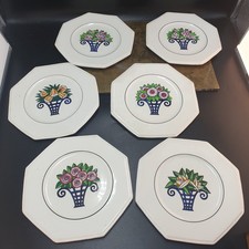 6 Octagonal Dessert Plates Decor Flower Basket Enamel Longwy Art Deco Early 20th Century
