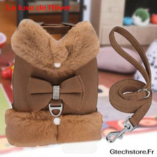 Harnais Gilet Chaud Chien et Laisse | Nœud Papillon Rose | Petit Chien Bouledogu