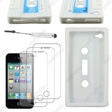 Coque SiliconeCassette Blanc  pour Iphone 4S 4+Mini Stylet+3 Film �cran