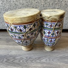 Vintage Twin Moroccan Handmade Terracotta Naqareh Tam Tam Bongo Djembe Drums