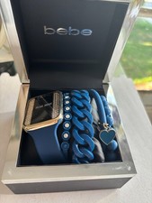 Bebe Blue Silicone Digital Watch & Stackable Crystal Bracelet Set New in Box