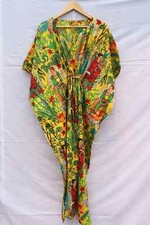 Farida Kahlo Print Indian Cotton Yellow Print Long Gown Kaftan Nightwear Dress