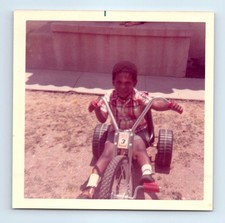 Old Vintage Square Color Photo BLACK AFRICAN AMERICAN BOY BIG WHEEL TRICYCLE
